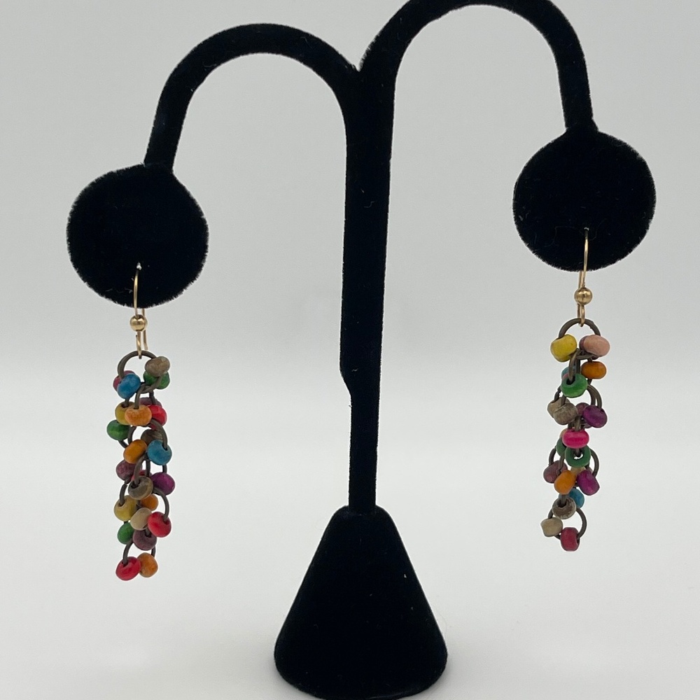 2"  Pierced Dangle Earrings Multicolor Beads Gold Tone